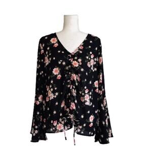 Planet Gold Top Blouse Black Pink Floral V-Neck Bell Sleeve Top Size 1X NEW
